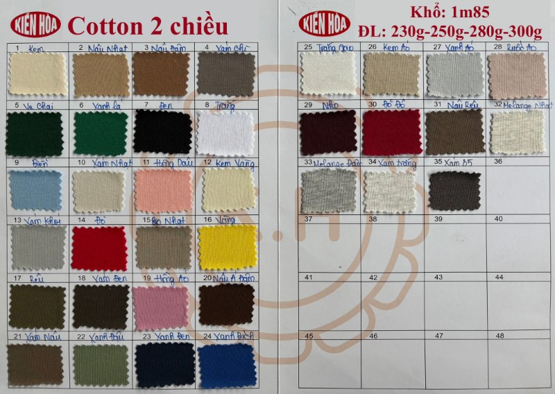 Bảng màu vải cotton 2 chiều 100% cotton