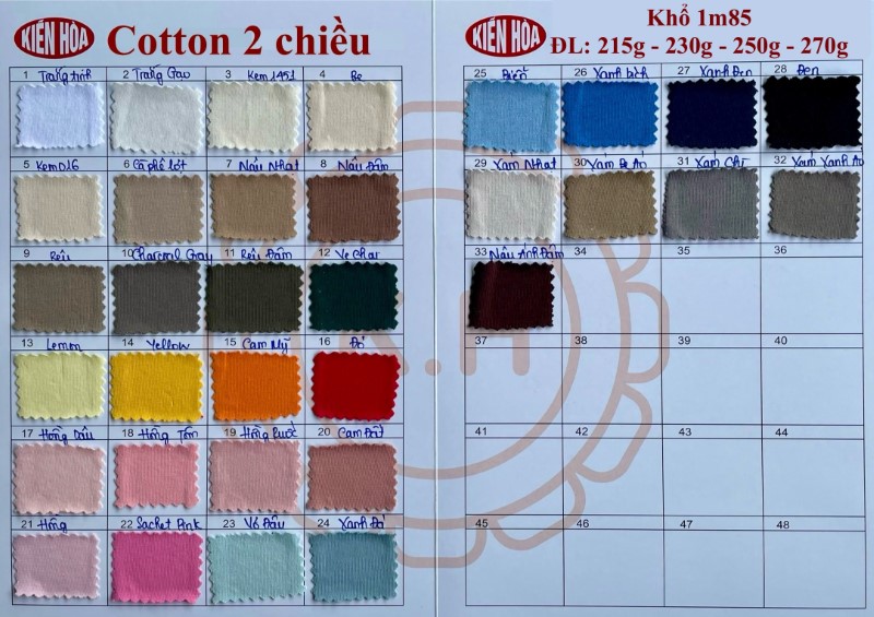 Bảng màu vải cotton 2 chiều