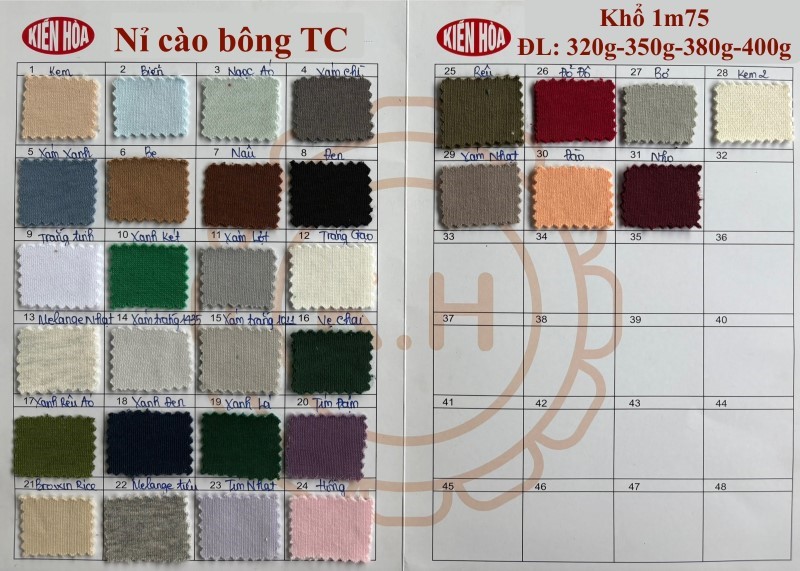 Bảng màu vải nỉ bông TC 35/65
