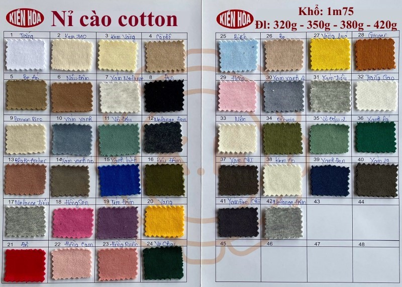 Bảng màu vải nỉ cotton tại Kiến Hòa