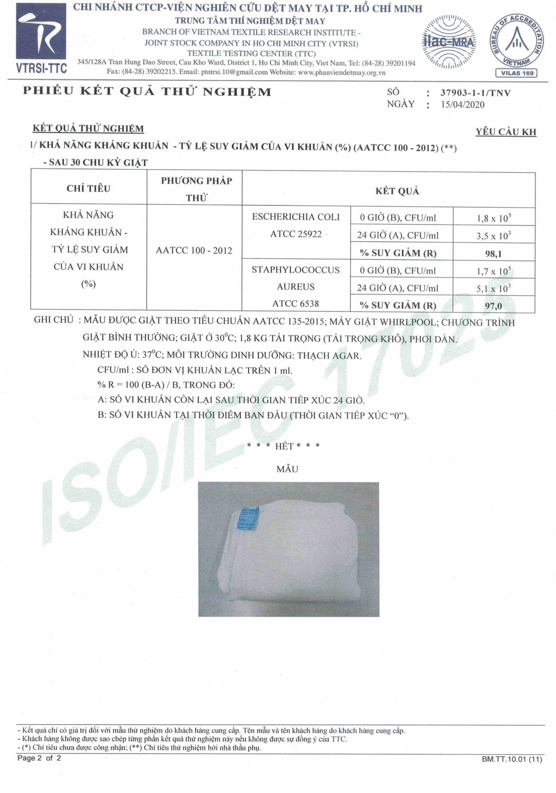 Chứng nhận kháng khuẩn Công Ty Vải Kiến Hòa