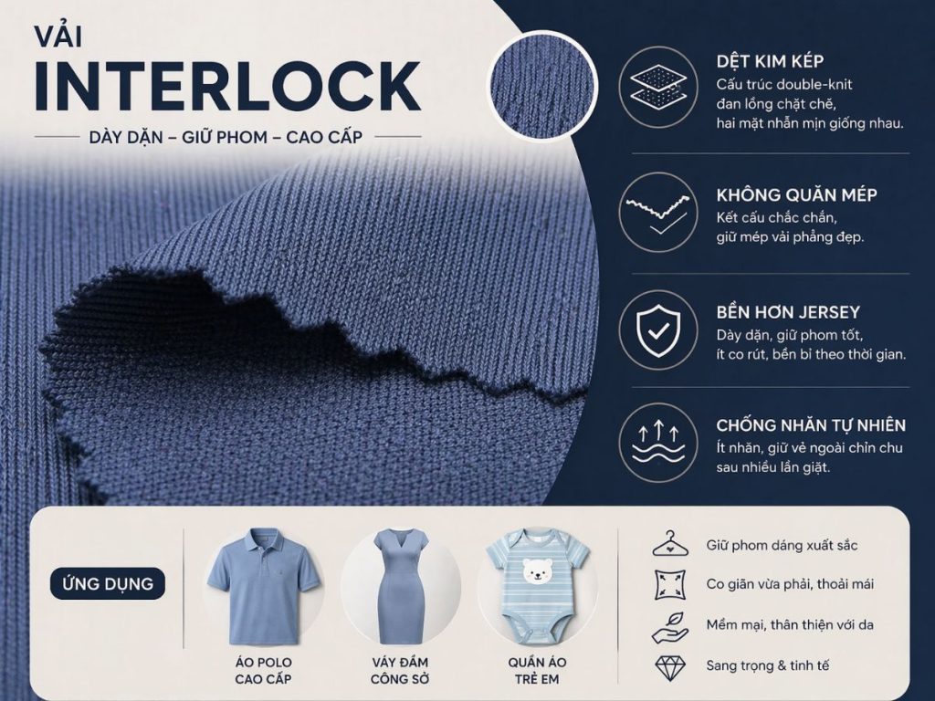Kiểu dệt kim kép Interlock tạo nên vải 2 bề mặt nhẵn mịn giống nhau