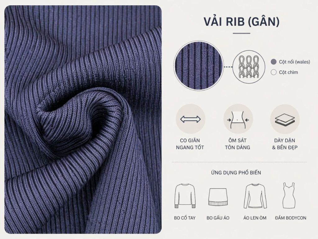 Vải rib được sử dụng trong đồ ôm body, chi tiết bo áo, cổ áo